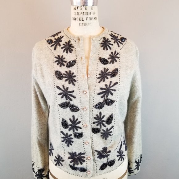 Vintage 1950's Grey & Navy Hand Beaded Angora Cardigan Sweater  Women's Small - Picture 3 of 14